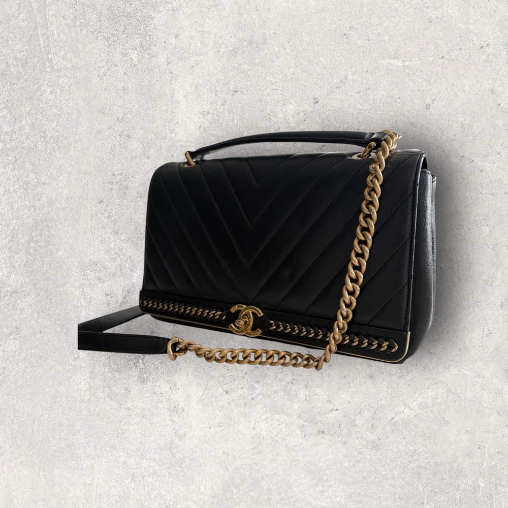 Chanel Chevron Top Handle Flap Bag - Black Calfskin with Gold Hardware - Picture 3 of 11